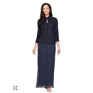 Alex Evenings Dress Womens 16 Navy Blue Sequin Jacket 2 Piece Formal Gown Set